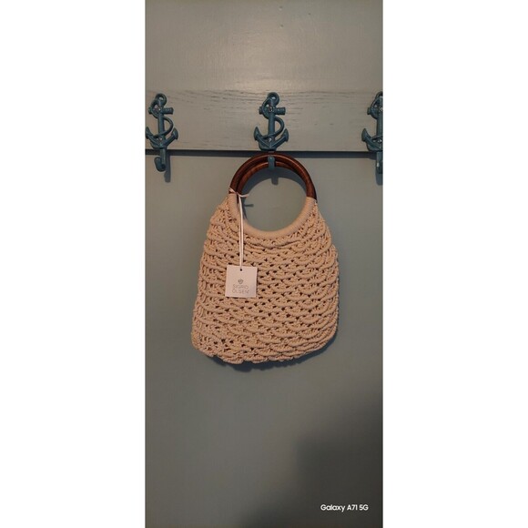 SIGRID OLSEN Handmade Macrame Handbag Bamboo Handles Cotton Boho Hippie NWT - Picture 1 of 4